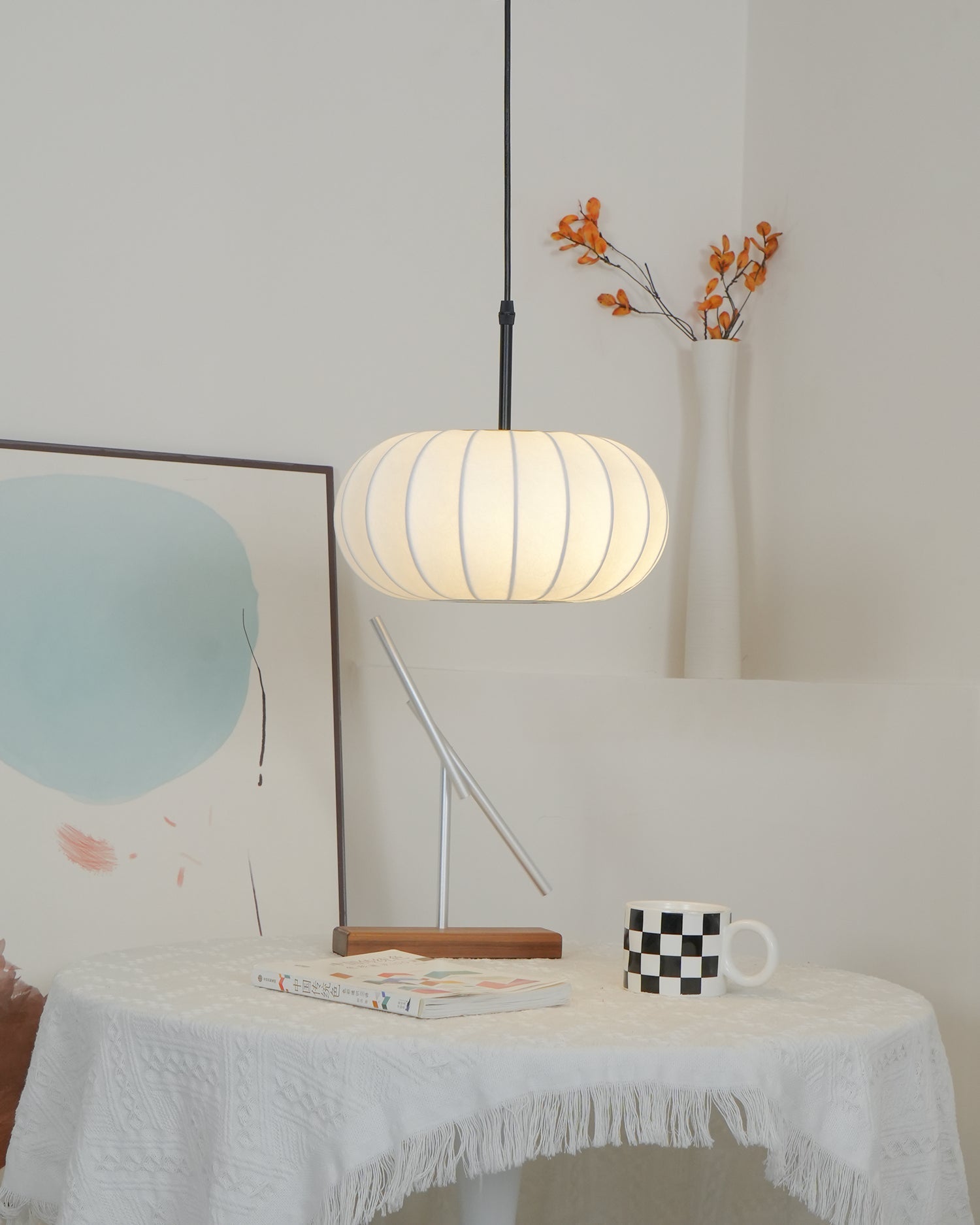 Lampada a Sospensione Verona - Design Wabi-Sabi Minimalista in Metallo e Seta