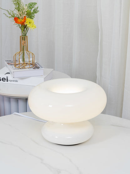 Lampada da Tavolo a Forma di Ciambella in Vetro Satinato – Design Moderno per Illuminazione Interna, Bianco, 28 cm